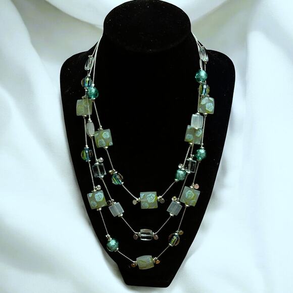Multi-Strand Layered Silver Tone/Sea Foam Green Glass Beaded Necklace - Picture 1 of 4